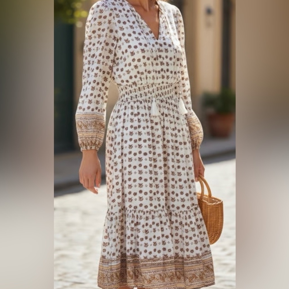 Cleobella Floral Long Sleeve Dress in white and brown 100% cotton Sz XL